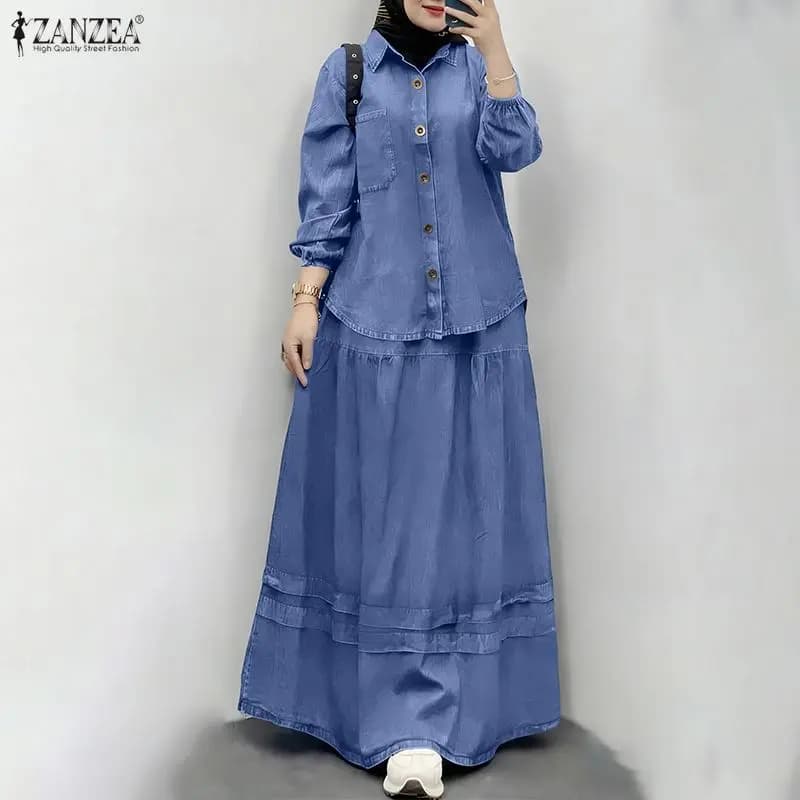 ZANZEA Completo gonna oversize da donna musulmana, camicia a maniche lunghe in finto denim e gonna lunga a pieghe, set 2 pezzi, abiti islamici