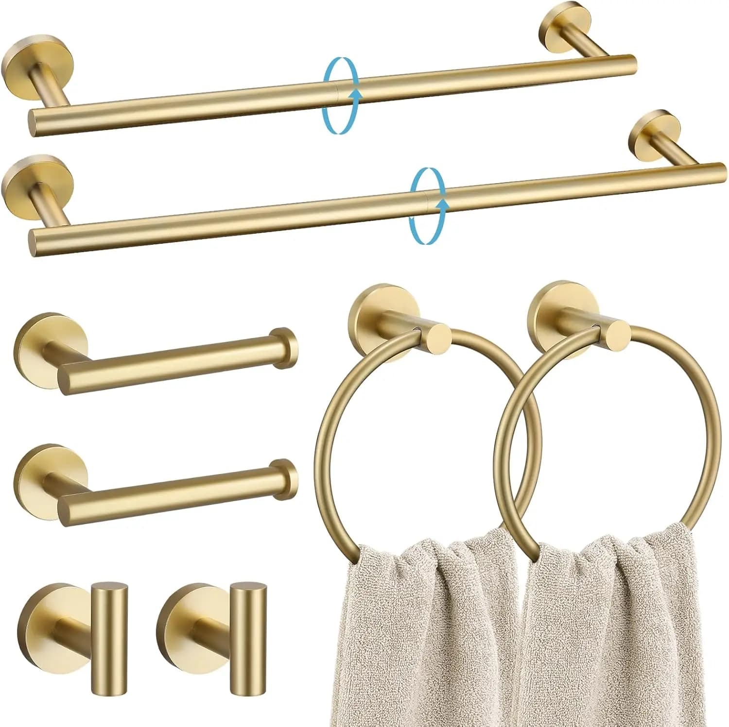Set di Accessori per Bagno in 8 Pezzi, Finitura Oro Spazzolato, Portasciugamani in Acciaio Inox SUS304, Kit Accessori da Parete
