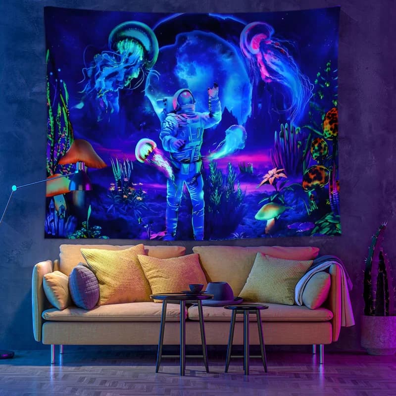 VIKAMA Black Light Astronaut Skeleton Mushroom Tapestry UV Psychedelic Wall Hanging