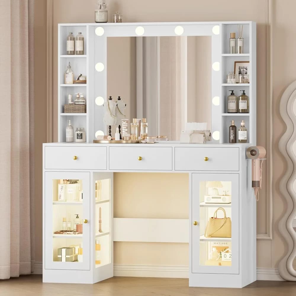 White Vanity with Glass Top, LED Lights & Power Outlet, 3 Drawers