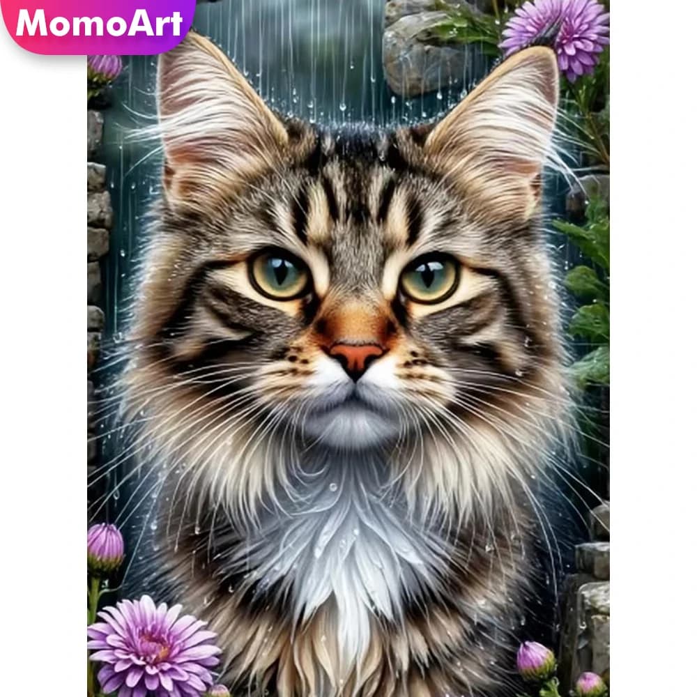 Momoart Diamond Painting Gatto, Motivo Animale Fai da Te per Adulti e Principianti, Quadro Mosaico con Diamanti, Ricamo con Strass, Decorazione per la Casa