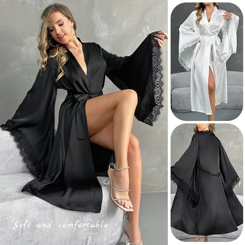Sexy Camicia da Notte in Raso con Applicazioni in Pizzo e Maniche a Campana, Kimono in Seta per Casa e Notte, Vestaglia Estiva