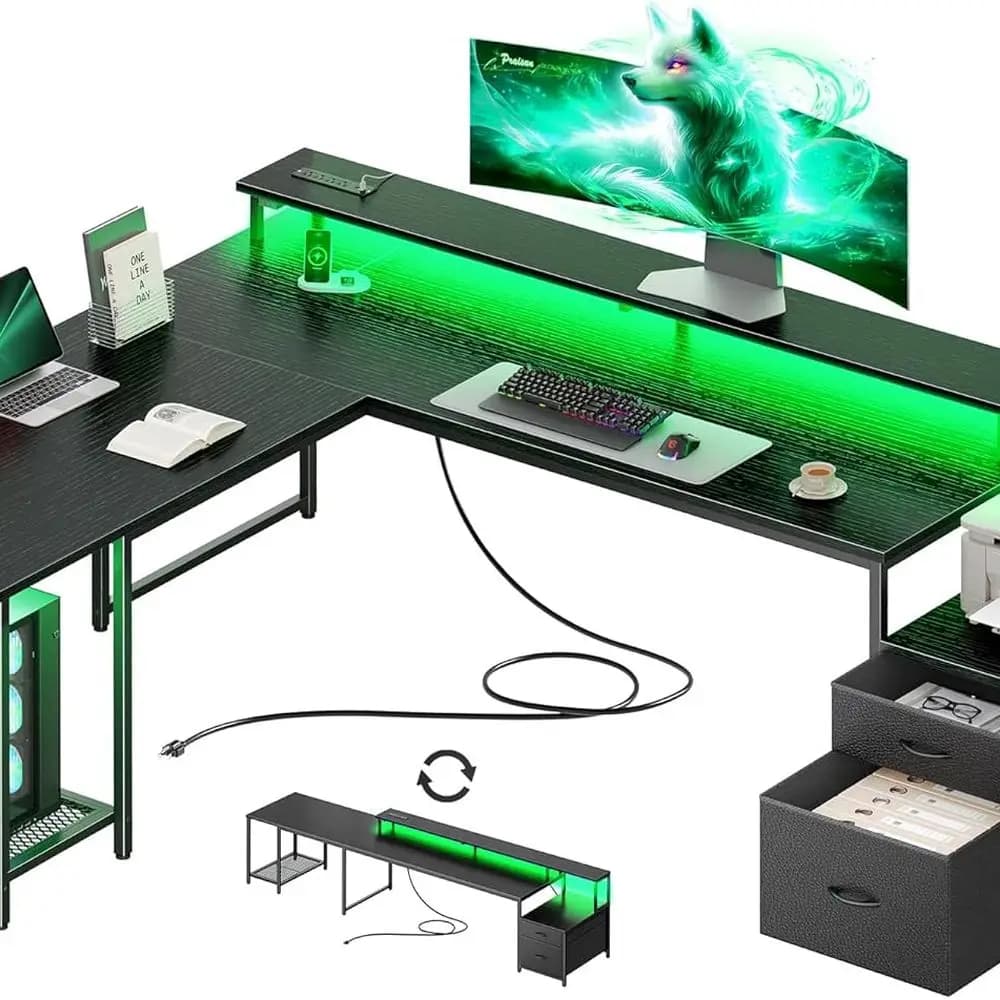 L-shaped computer desk with power sockets, LED lights, fabric drawers and printer support, also includes monitor support