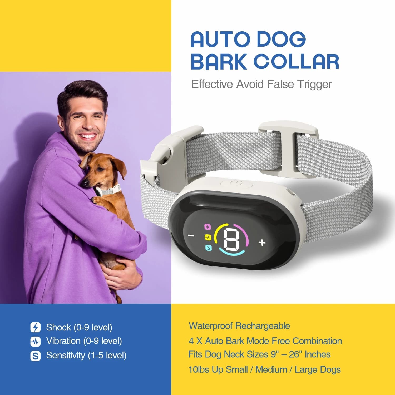 Collare antiabbaio automatico per cani, scossa elettrica, collare ricaricabile per il controllo dell'abbaio del cane, impermeabile, per smettere di abbaiare con display a colori