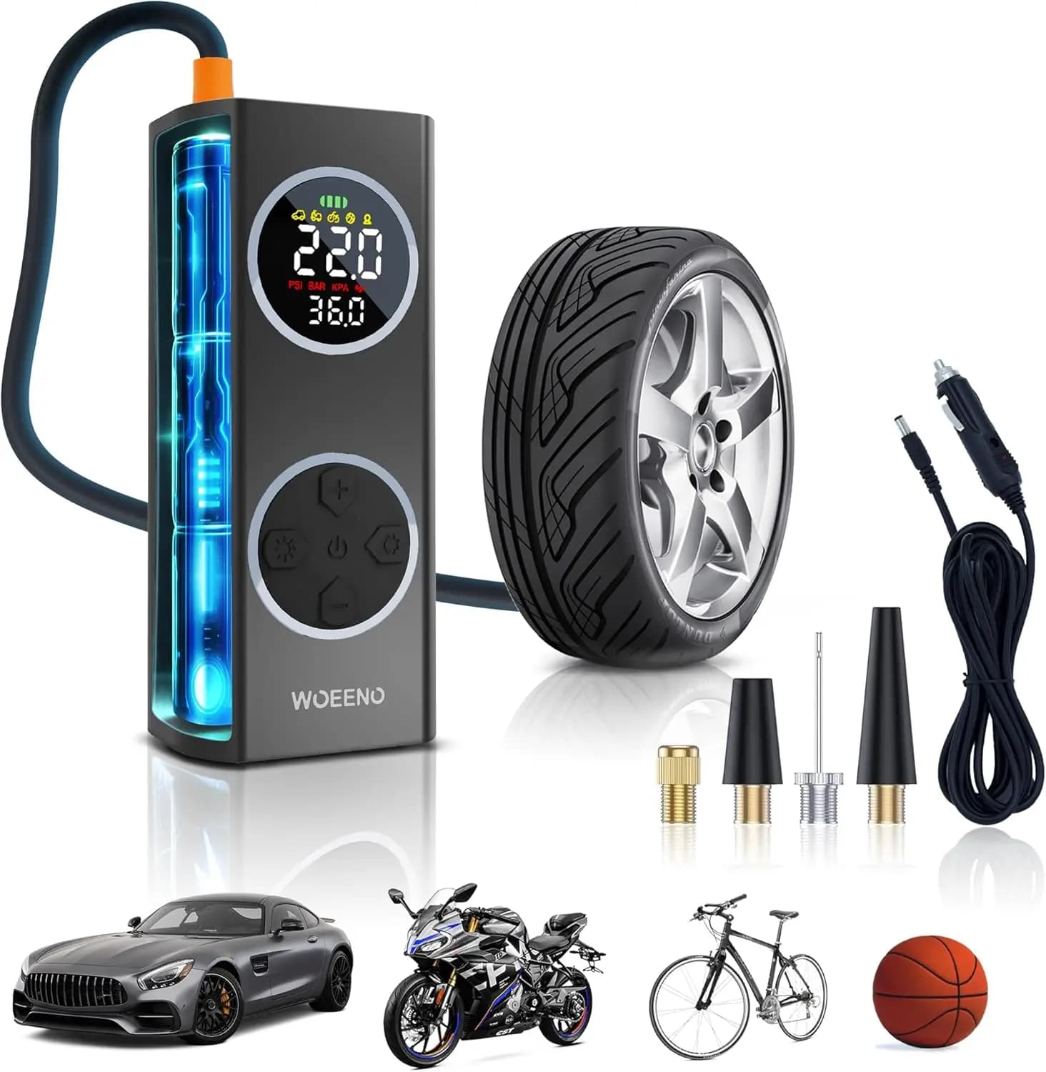Gonfiatore digitale intelligente per pneumatici Pompa alimentata a batteria con spegnimento automatico da 150 PSI con custodia per auto per la manutenzione dei veicoli
