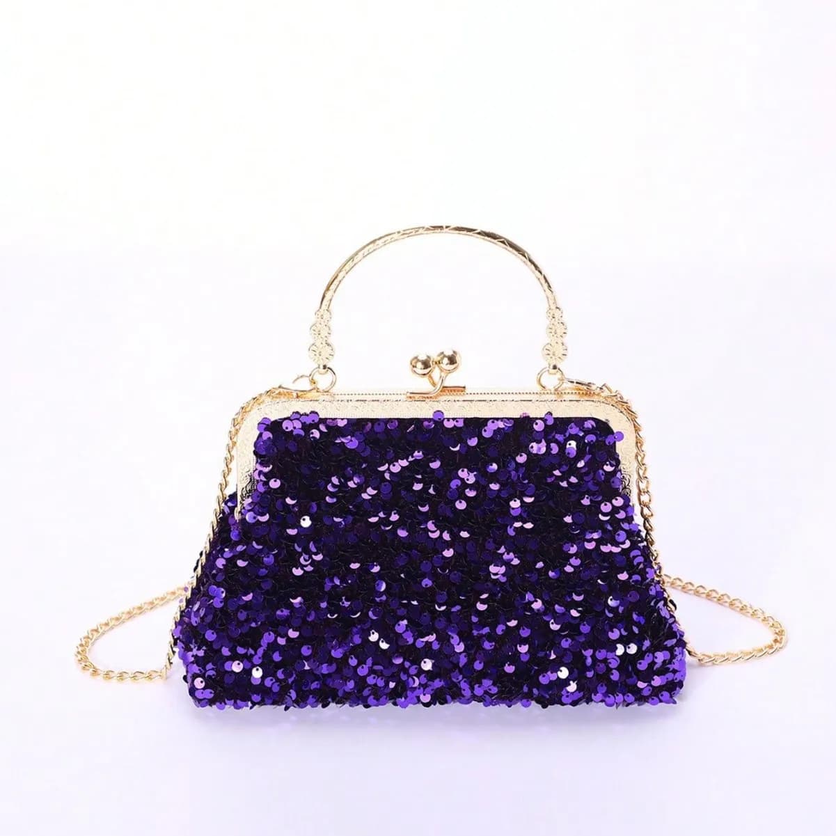 Fashion Bling Purple Sequin Seashell Evening Bags For Women Metal Handle Handbags Chain Shoulder Bags Prom Party Small Clutch