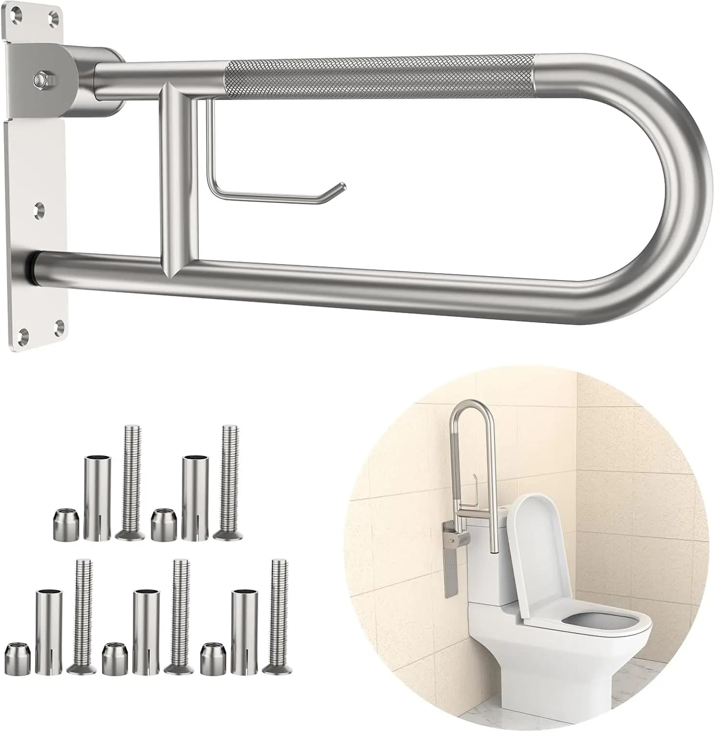 Barra di supporto per WC a U da 22,4 pollici con porta carta igienica, ringhiera di sicurezza antiscivolo in acciaio inossidabile per anziani e disabili