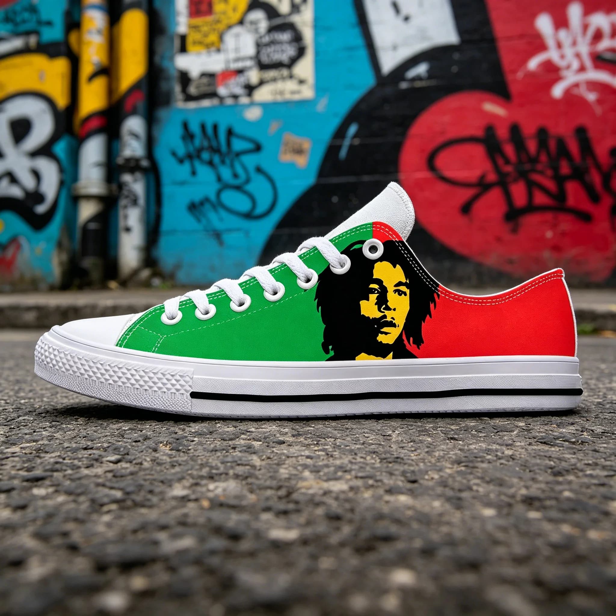 Sneakers in tela con stampa iconica di Bob Marley, scarpe casual unisex alla moda, design personalizzato in stile reggae