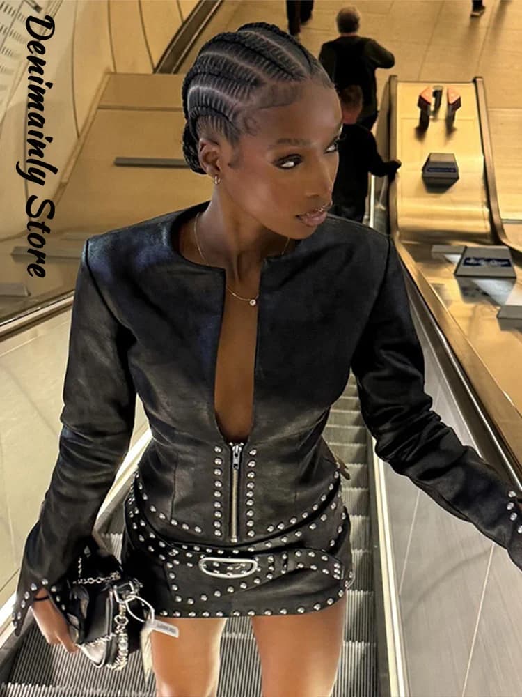 Fashion Studded Trim Cropped Zip-Up Jacket Skirt Set Women Slim Short Jacket Mini Skirts 2026 Spring Lady Chic Street Outfit New
