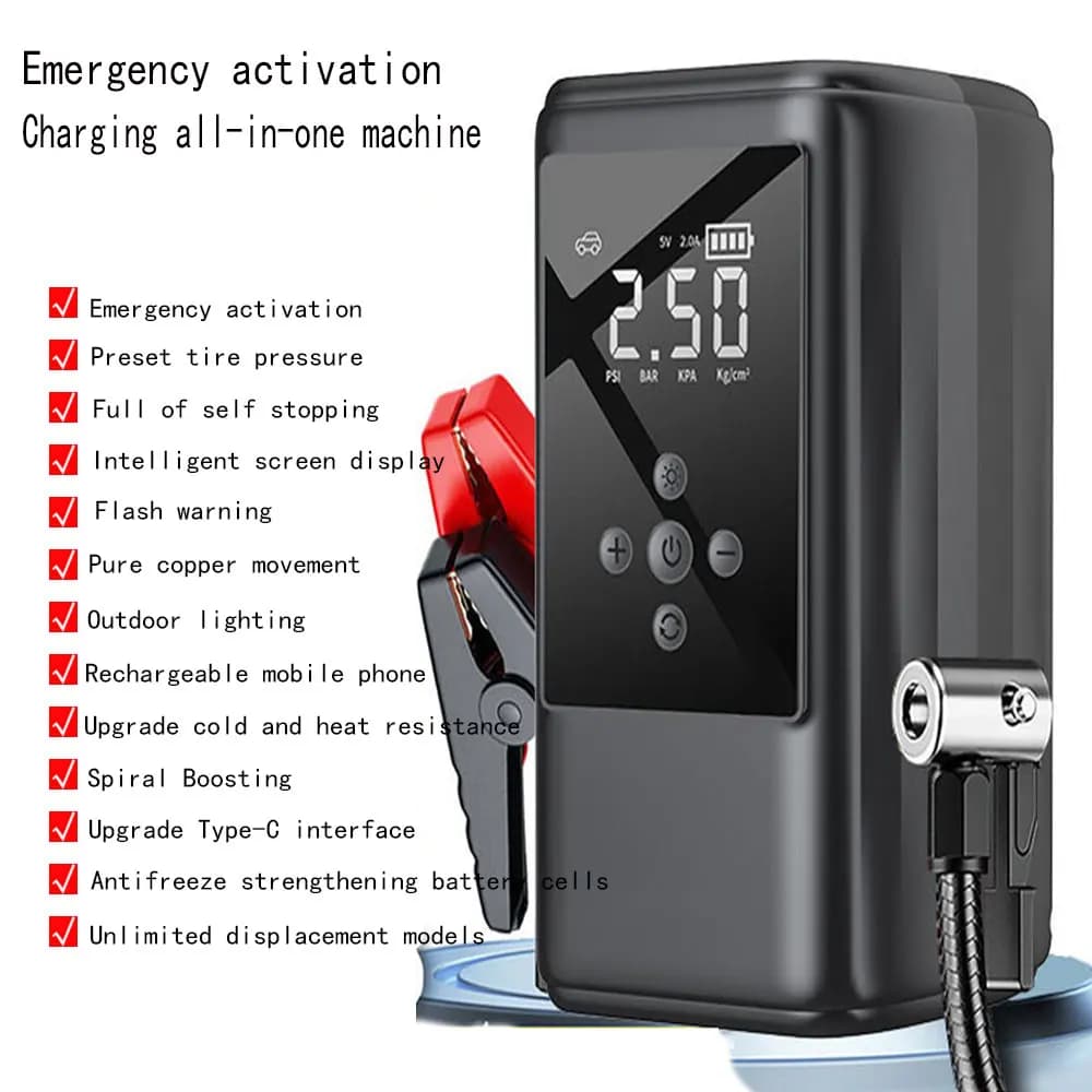 Avviatore di emergenza per auto 12V Accumulatori e caricabatterie di riserva Pompa di aria portatile Batteria per auto Booster di emergenza Dispositivo di avviamento Avviamento per auto 2024