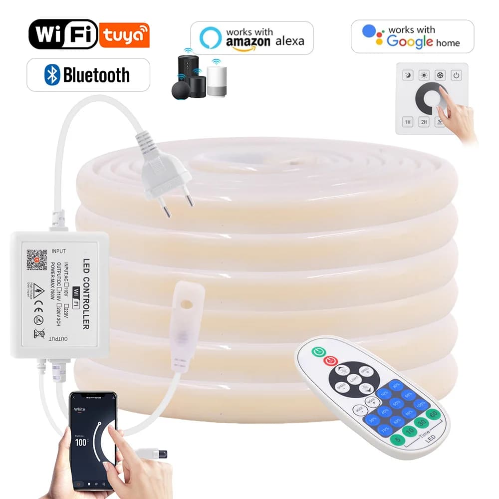 Wall Touch Wifi Bluetooth COB LED Neon Strip Light 220V Dimmable 23key Power Supply Kit AC 220V 288LED/m Cord Waterproof