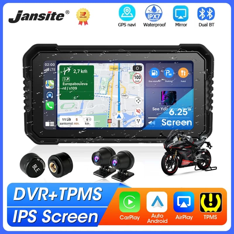 6.25 Motorcycle GPS Navigation with DVR, Carplay, IPS Screen, Driving Recorder, Waterproof IPX7, Motion Monitor with Camera Support 1080P and TPMS