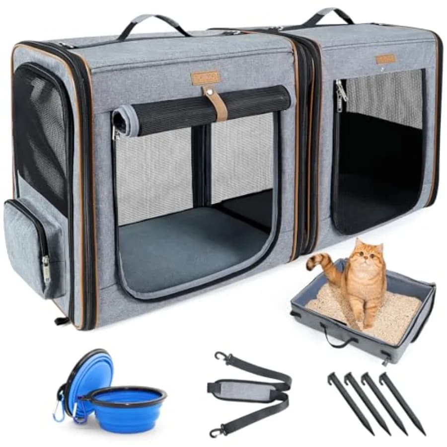 Trasportino Grande per 2 Gatti, Trasportino da Viaggio 2-in-1 con Lettiera, 45x5x42x33 cm, con Chiusure a Cerniera per il Trasporto