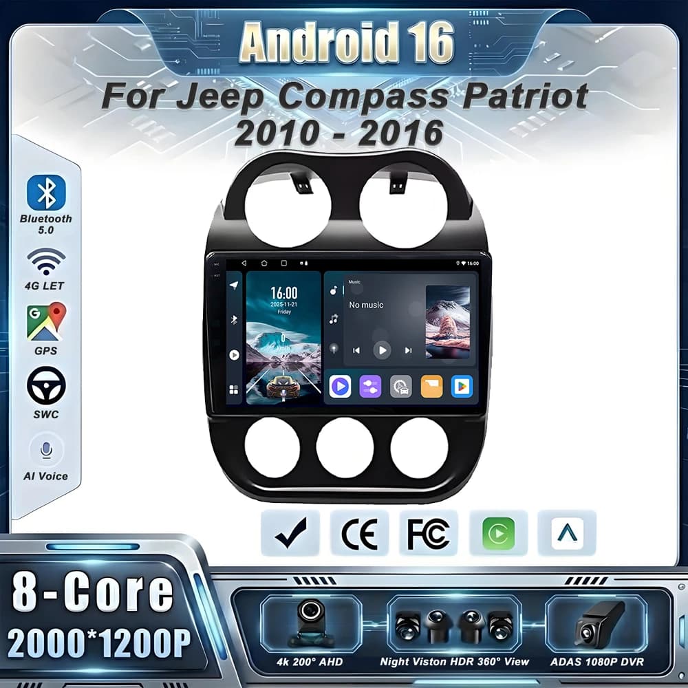 Car GPS Android 16 Auto Radio For Jeep Compass Patriot 2010 - 2016 Stereo Head Unit No 2din DVD QLED Screen Dash Cam 5G BT GPS