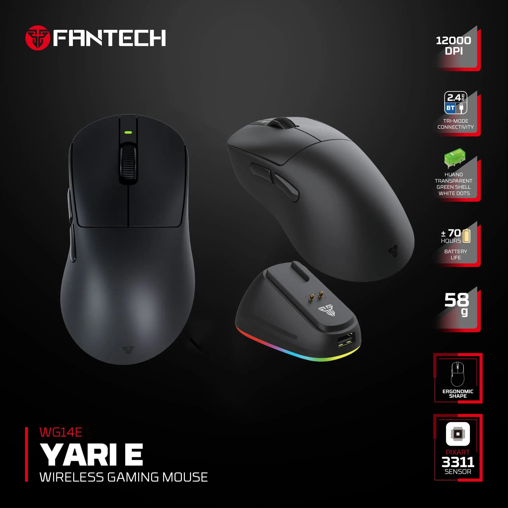 FANTECH YARI and WG14E Wireless Gaming Mouse, PAW3311 Sensor, Web Macro, Destroy Ergonomic, 70 Hours Autonomy, RGB Mouse for PC