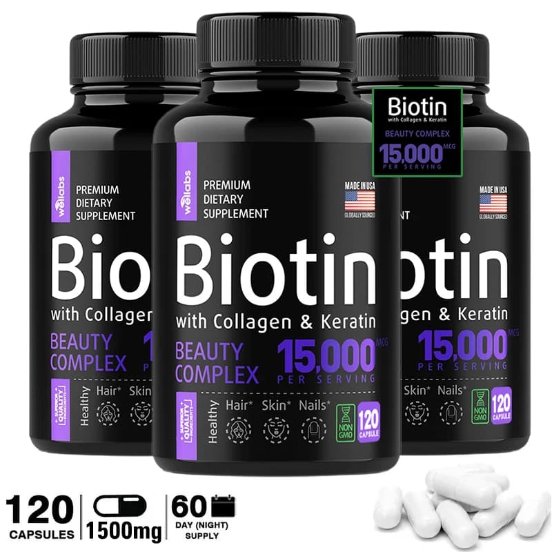 Biotin Collagen Keratin Supplement 15,000 Mcg - Hair Skin Whitening Support, suitable for women and men