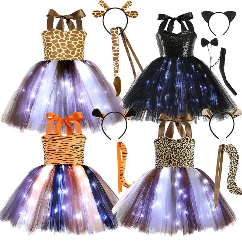Ragazze incandescenti costumi Cosplay animali di Halloween con luci a LED bambini giraffa tigre leopardo gattino abiti da festa di carnevale
