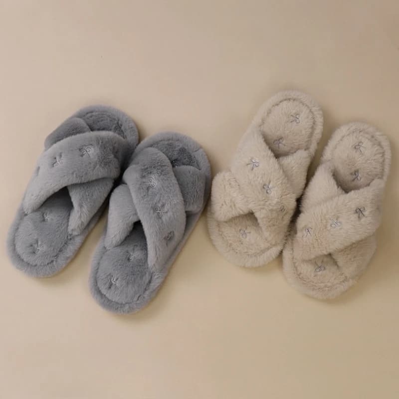 Soft EVA Sole Women Plush Cross Strap Slippers Bow Furry Open Toe Slides Warm Cozy Indoor Home Bedroom House Fuzzy Shoes Ladies