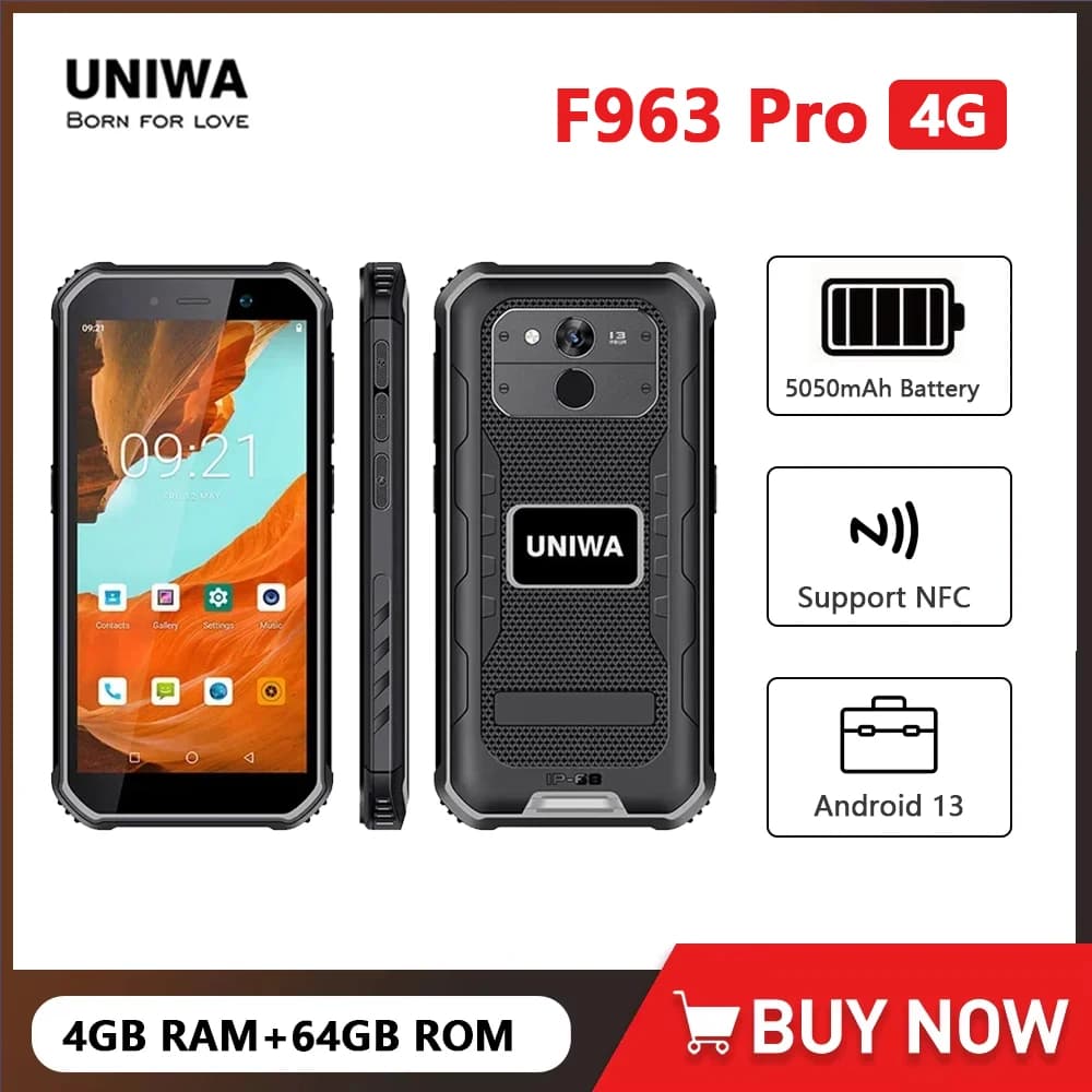 UNIWA F963 Pro Smartphone impermeabile IP68 da 5,5 pollici per esterni Android 13 4 GB + 64 GB 5050 mAh Sblocco delle impronte digitali Cellulare da 5,5 pollici NFC