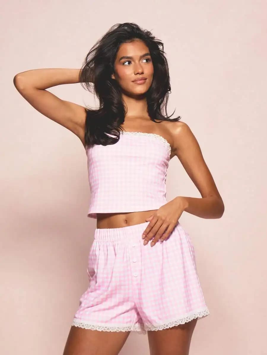 Pink Gingham Check Bandeau Top And High Waisted Shorts Pajama Set With Lace Trim For Women