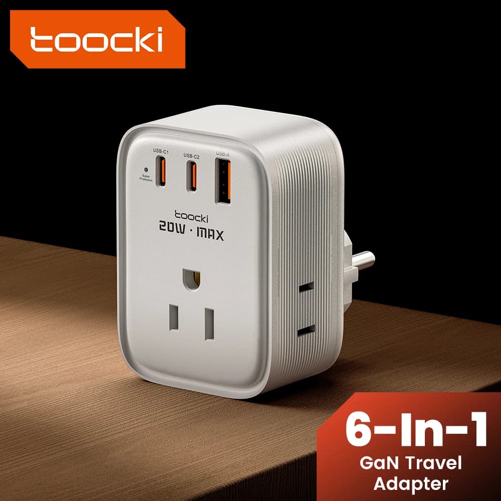 Toocki Adattatore da viaggio universale 6 in 1 con 3 prese CA US UK DE Plug Adattatore di ricarica USB GaN a ricarica rapida da 20 W per Home Trave
