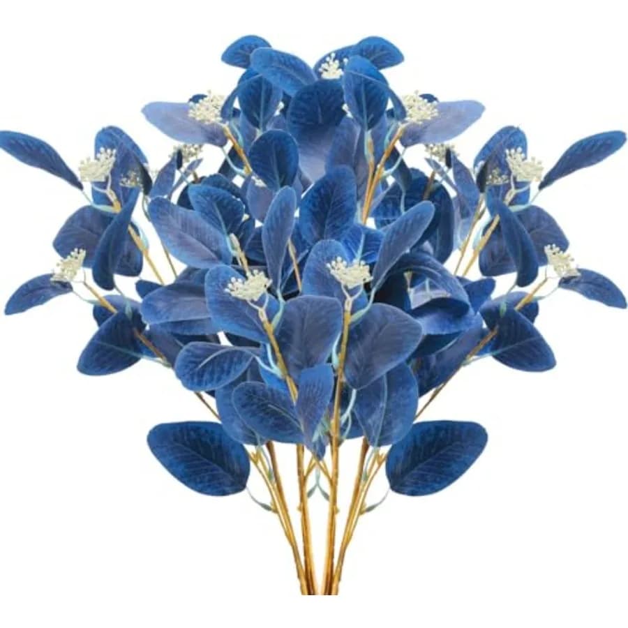 6pcs Faux Eucalyptus Stems Blue Artificial Eucalyptus Leaves Spray Greenery Stems Branches with Seeds Silver Dollar Eucalyptus