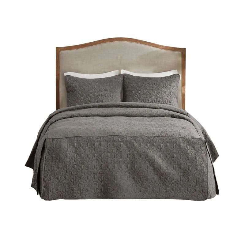 3 Piece Split Corner Pleated Quilted Bedspread Dark Grey King