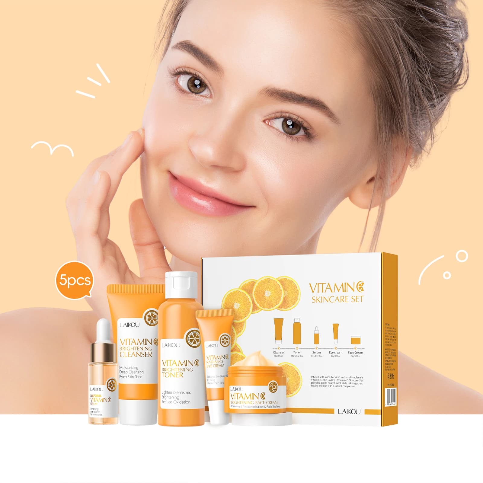 LAIKOU VITAMIN C Skincare Set Brightening 5Pcs Kit Even Skin Tone Smooth Wrinkle Tighten Pores Cleanser Toner Serum Eye Cream