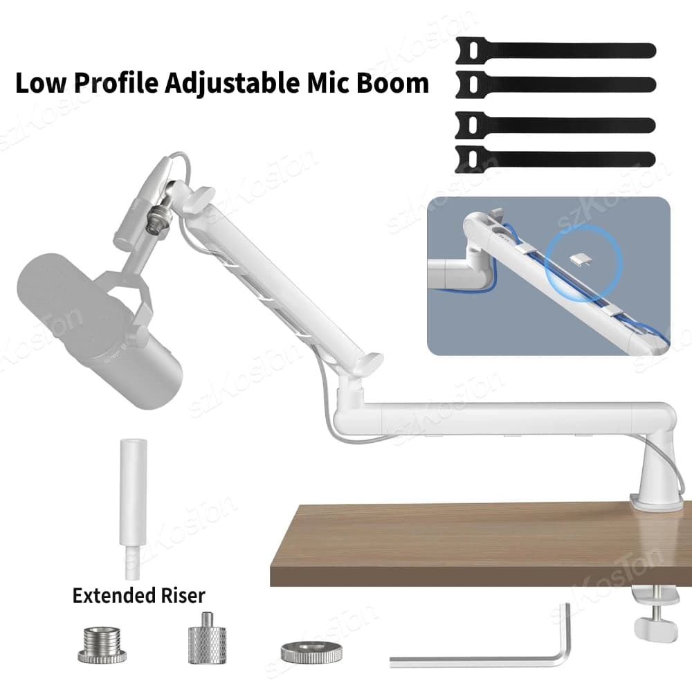 Supporto per microfono a basso profilo regolabile con braccio per microfono bianco con riser esteso e gestione dei cavi per SM7B MV7 AM8 K688 HyperX