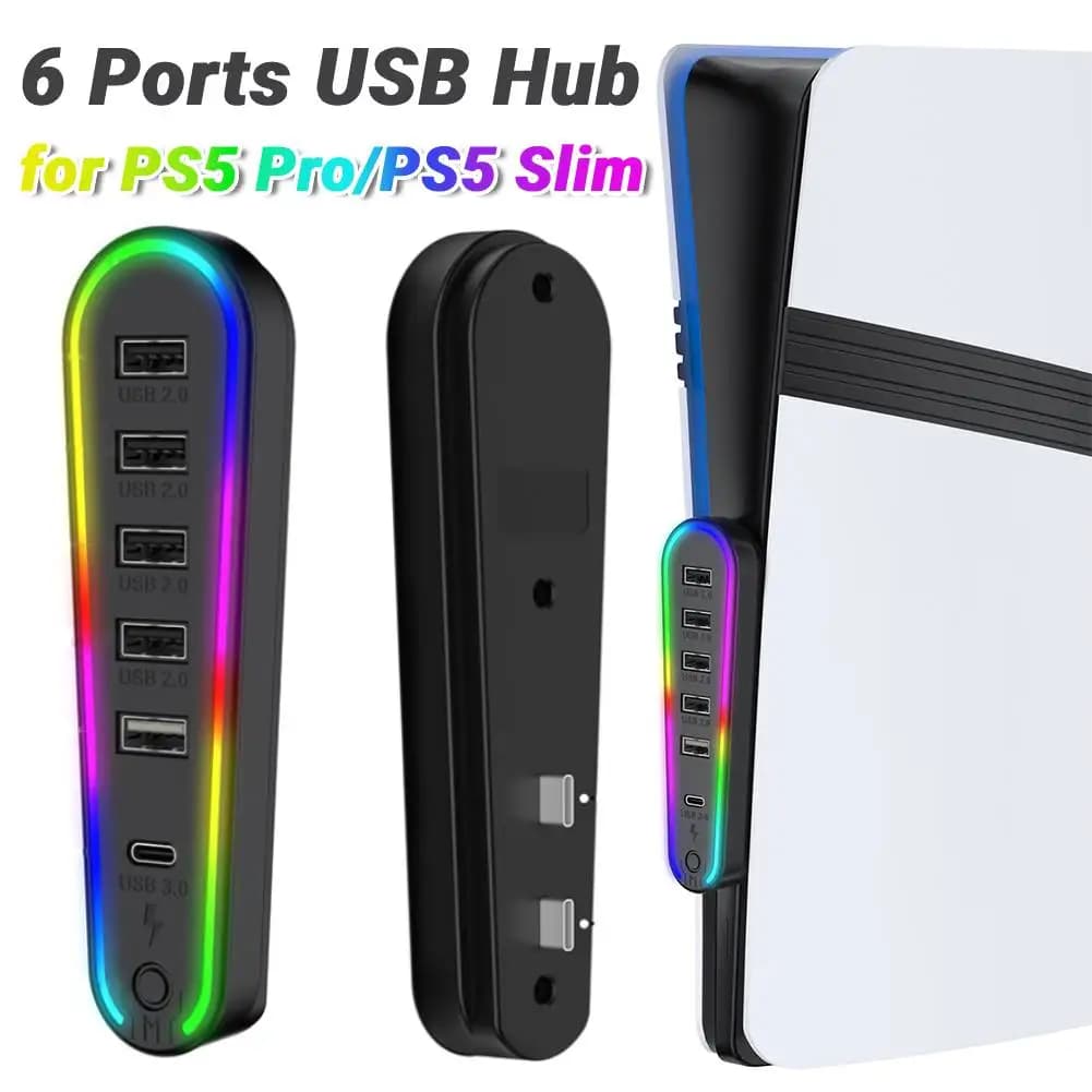 Hub USB a 6 Porte con Luce RGB, Estensore USB per Trasferimento Dati, Accessori per PlayStation 5 Pro/Slim