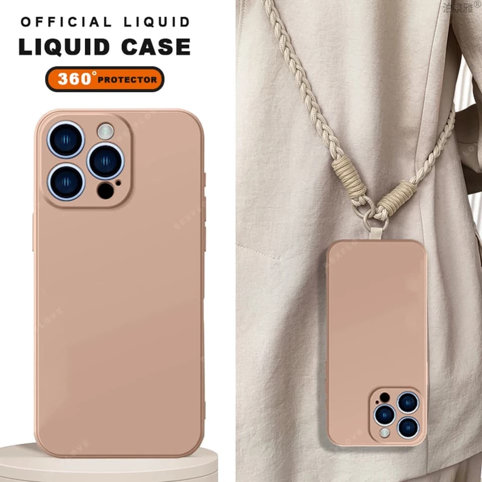 Custodia per telefono con cordino per iPhone 16E 16 14 15 Plus 12 13 Mini 11 16 Pro X XR XS Max SE Custodia protettiva per cinturino in silicone liquido