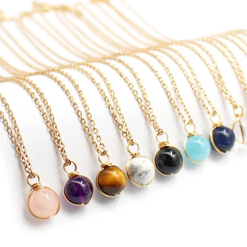 Nuova Collana in Cristallo Naturale, Collana in Agata Rossa e Acciaio Inossidabile, Gioiello con Pendente Avvolto in Filo di Acquamarina