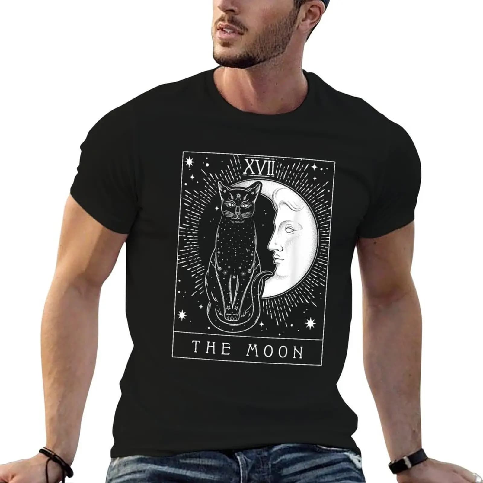 Tarot Card Crescent Moon And Cat T-Shirt Plus Size Gym Sports T-Shirt