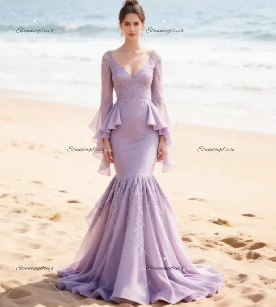 Lavender Mermaid Evening Dress 2026 Peplumn V Neck Long Sleeve Prom Dresses With Appliques Lace Elegant Reception Formal Gowns