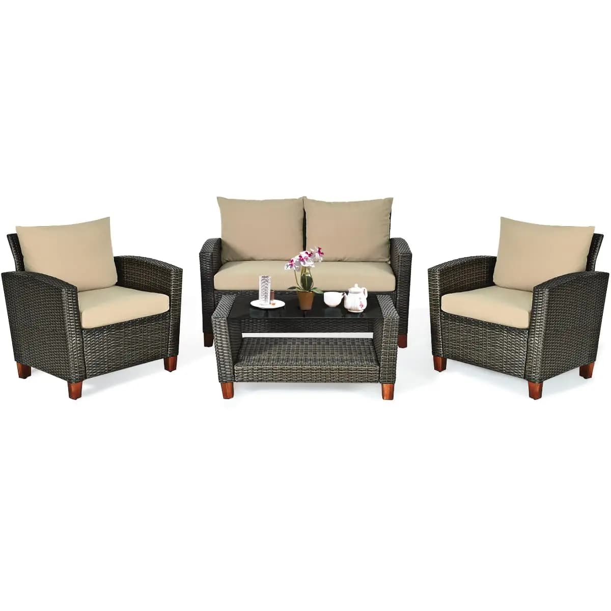 Set di Mobili da Giardino in Rattan 4 Pezzi con Gambe in Legno Massello e Divano Imbottito, Personalizzabile