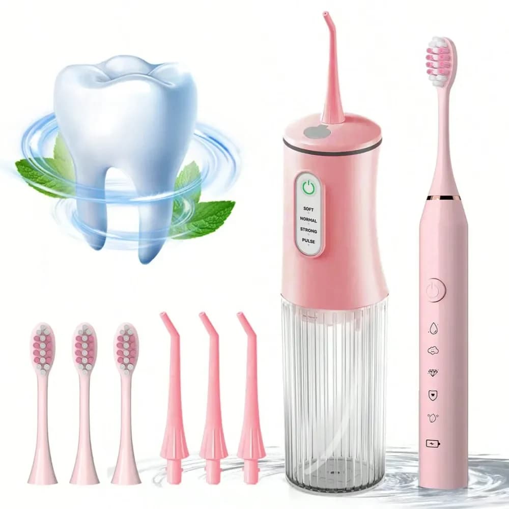 Set Spazzolino Elettrico per Adulti con 4 Testine di Ricambio, 1 Set Idropulsore Elettrico Portatile con 4 Punte a Getto, Impermeabile IPX7