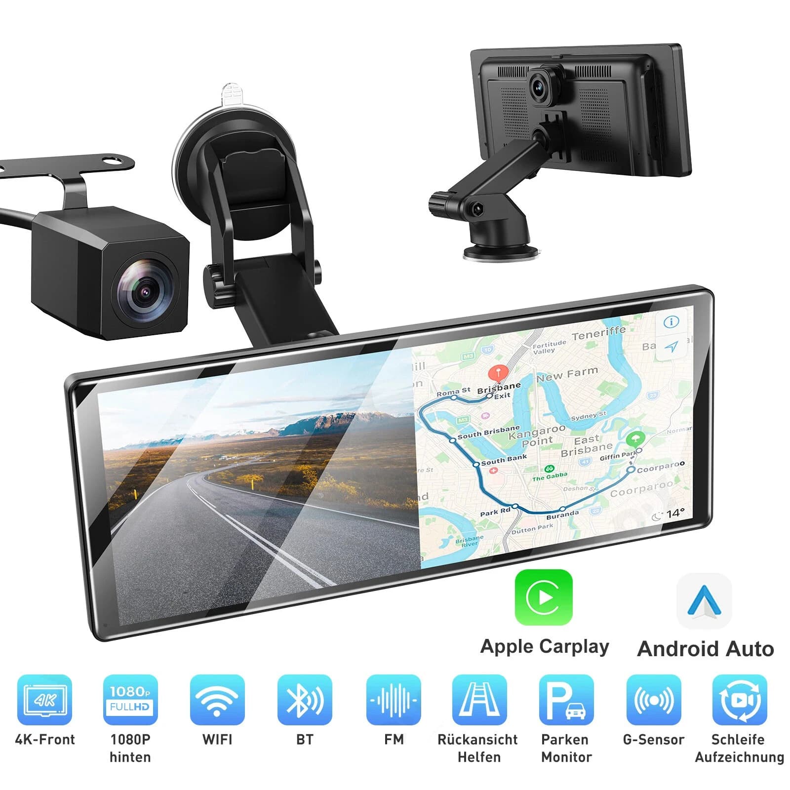 Autoradio 4K Ultra HD 11.3" with Carplay wireless and Android Auto, IPS touch screen, dashcam double camera, DVR video recorder, GPS, BT, FM