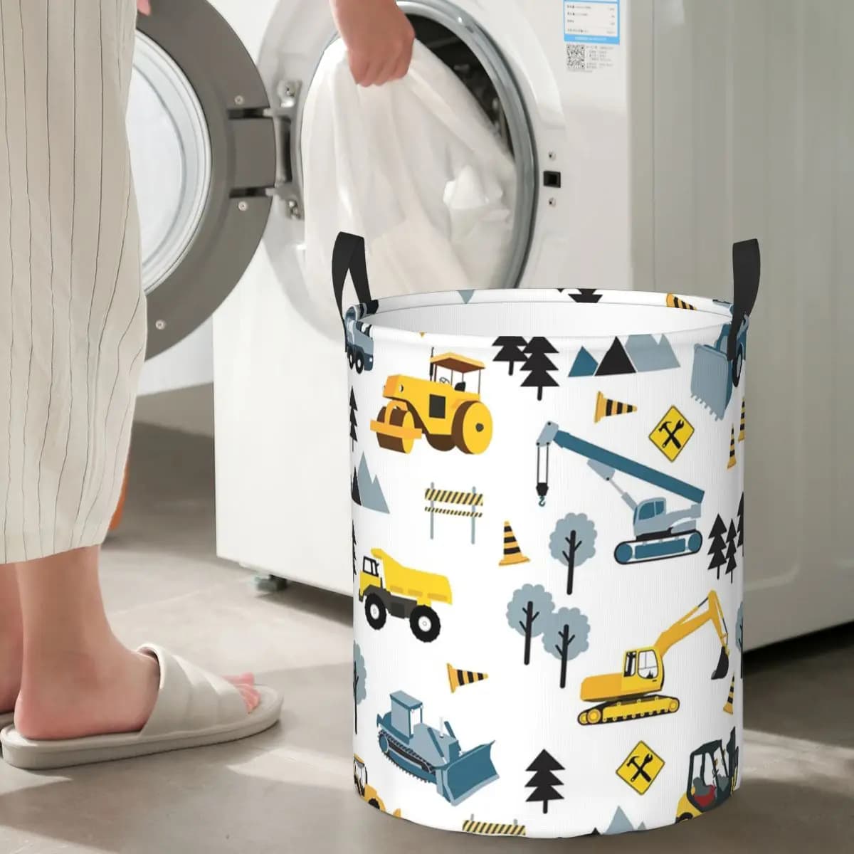Foldable linen baskets with construction truck theme motif and blue yard, storage basket for dirty clothes and various items, organizer bag for the house