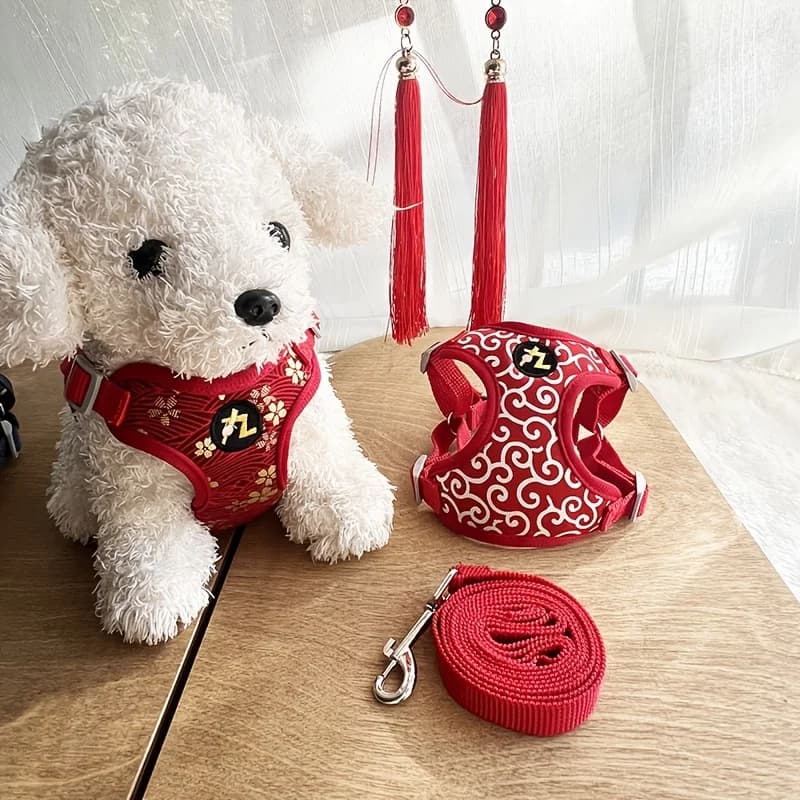 Adjustable No-Pull Dog Harness for Small and Medium-Sized Dogs - Traditional Chinese Tang Color Patterns, Floral Designs, Breathable and Comfortable Vest-Style Design, Suitable for Walking, Hiking, Pomeranians, Poodles, Bichon Frises - Hand Wash Only, Dog Walking Gear | Vibrant Dog Accessories | Safety Metal Ring