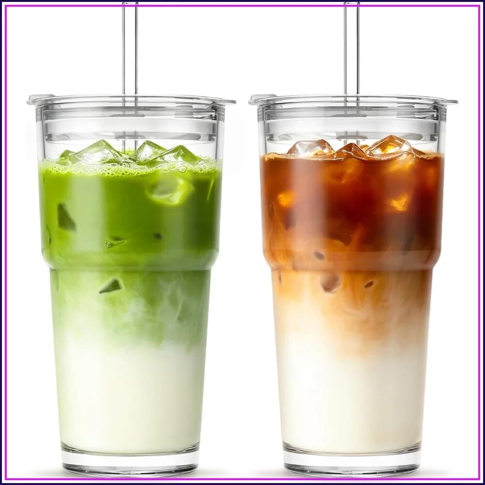 20oz Clear Glass Cup with Lid and Straw, Set of 2 Thickened Coffee Tumblers for Smoothie, Tea, Milk, Whiskey
