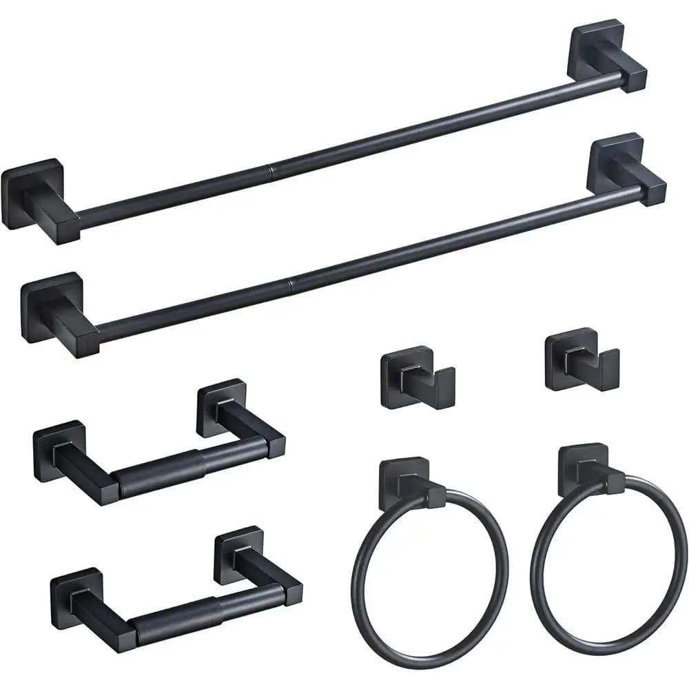 8-Piece Matte Black Bathroom Hardware Set: Wall-Mounted Stainless Steel Towel Bar, Ring, Hooks, and Toilet Paper Holder