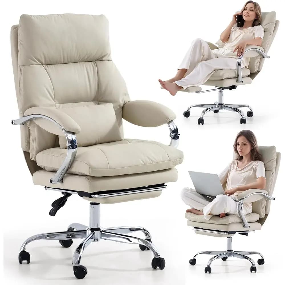 Ergonomic 155° Reclining Executive Computer Chair in Beige with Footrest