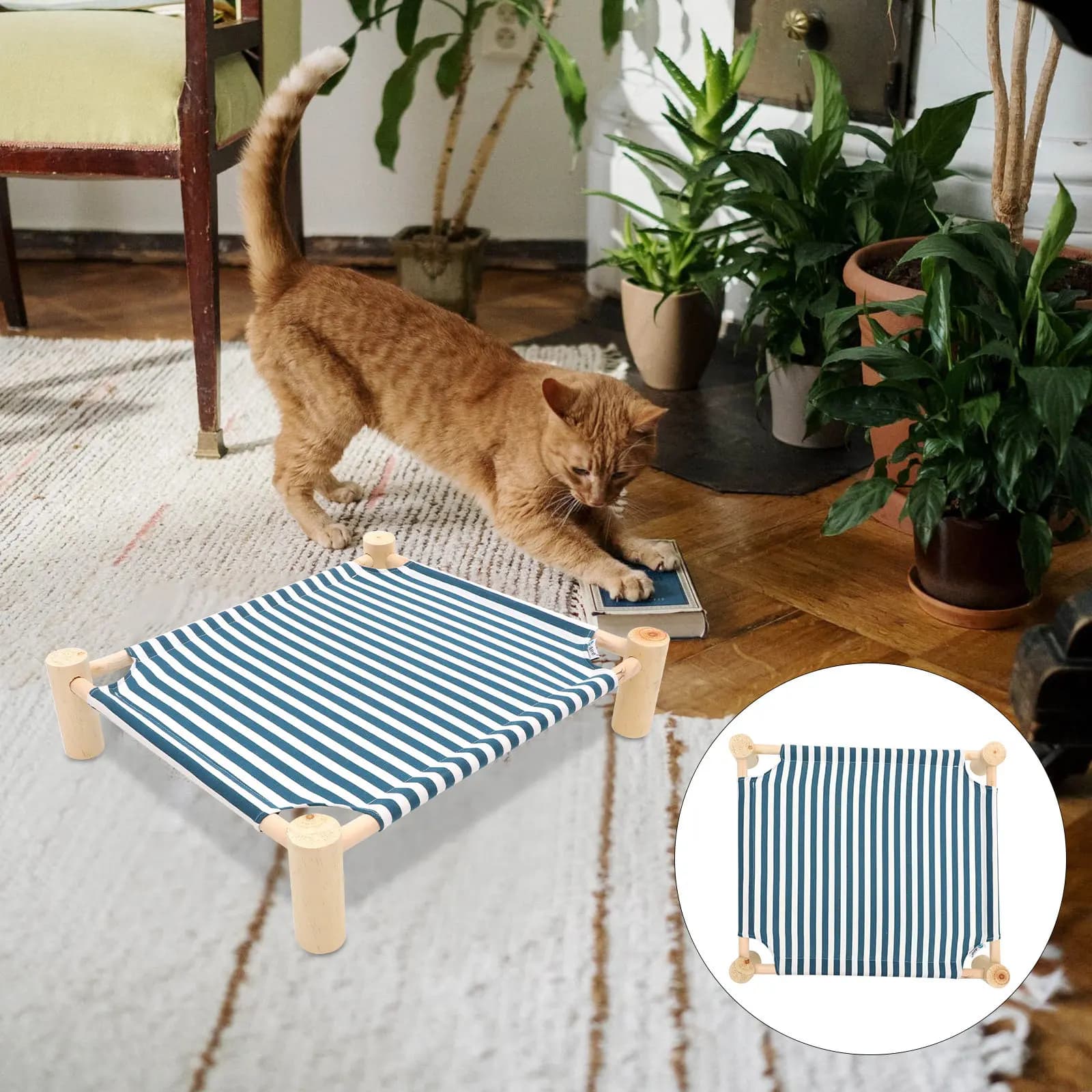 Amaca in Legno per Gatti, Cuccia Rialzata per Animali Domestici, Design Traspirante e Rinfrescante, Lavabile, per Gatti e Cani da Interno