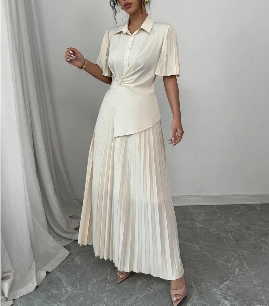 Women's Spring Summer Cream White Shirt Collar Ruched Short Sleeve Twist Detail Pleated Maxi Dress Elegant Office Style