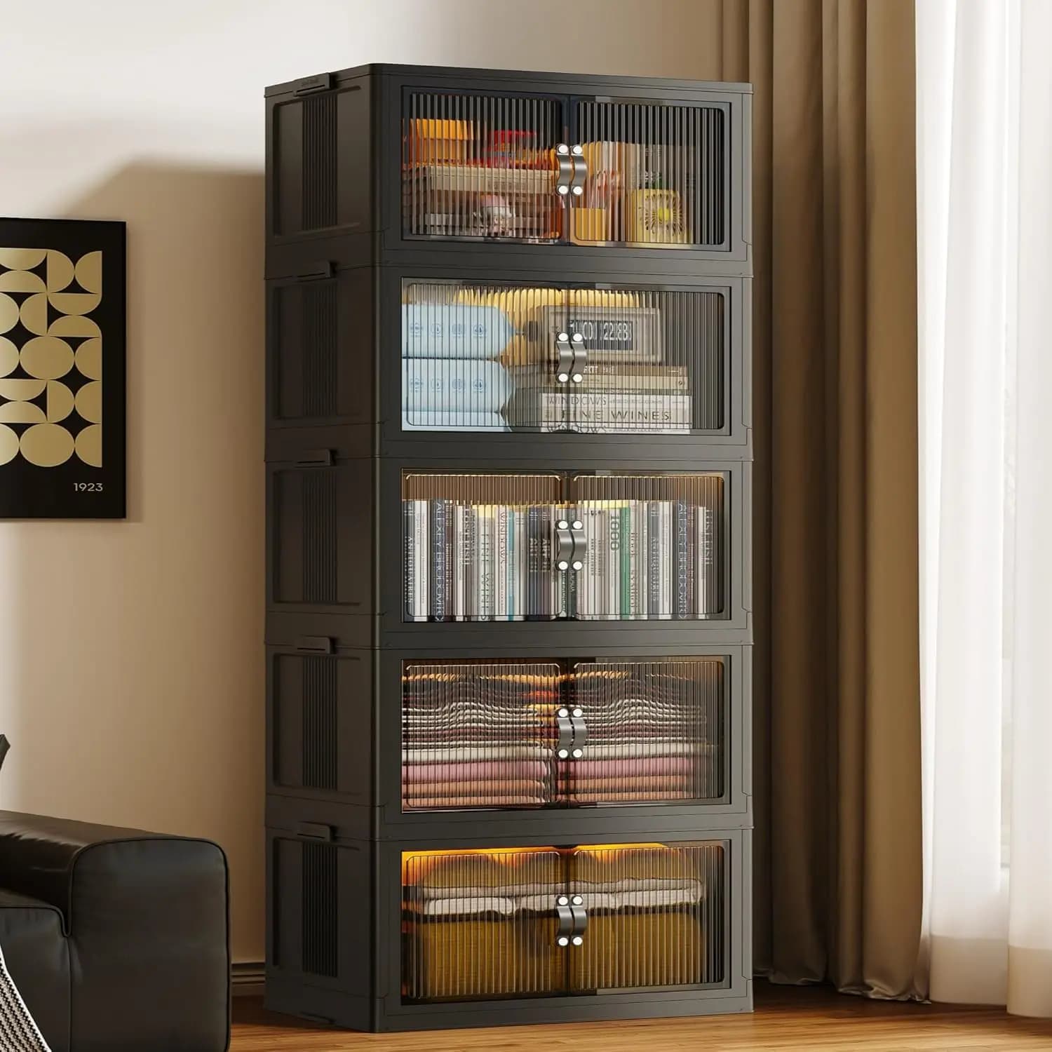 Contenitori Pieghevoli e Impilabili con Porta e Coperchio, Perfetti per Organizzare Coperte e Cuscini, Nero 26x17x71 Pollici