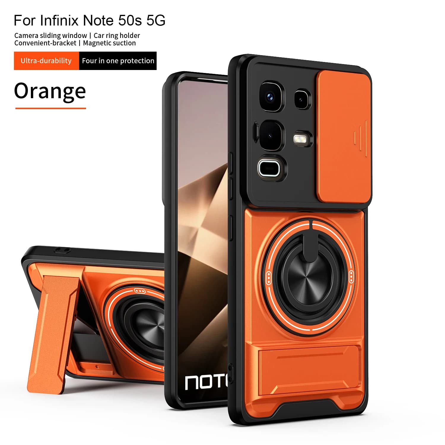 Custodia per telefono con anello magnetico e doppio supporto per Infinix Hot 50 60 Pro Plus Note 50X 50S Pro+ Smart 10, con copertura scorrevole per l'obiettivo