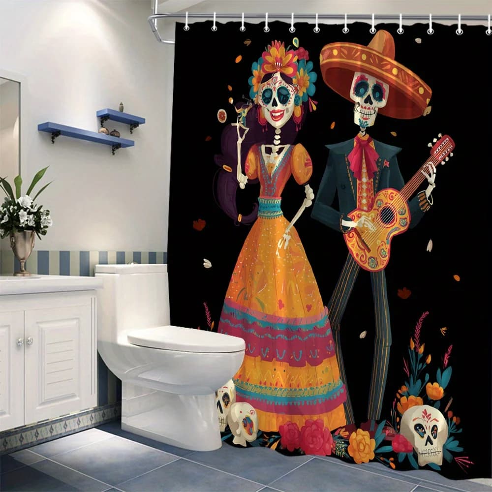 Tenda da doccia messicana del giorno dei morti - Grande arredamento da bagno con scheletri di Mariachi, teschi floreali