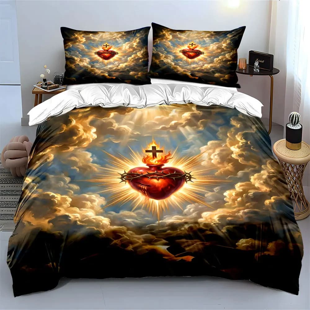 Flaming Sacred Heart with Radiant Cross Print Bedding Set 1 Duvet Cover 2 Pillowcases for Adult and Children Luxury Gift