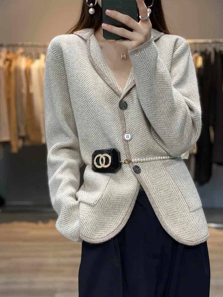 Autunno Inverno Donna Pura lana di cashmere Cappotto maglione Casual lavorato a maglia Colletto sartoriale Cardigan Ispessimento Capispalla Giacca morbida