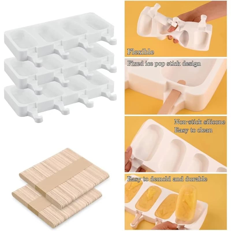 4Pcs Large Silicone Popsicle Molds Set 4 Cavities Oval Cake Pop&Ice Cream Bar Molds Homemade Ice Making Kit with Wooden Sticks